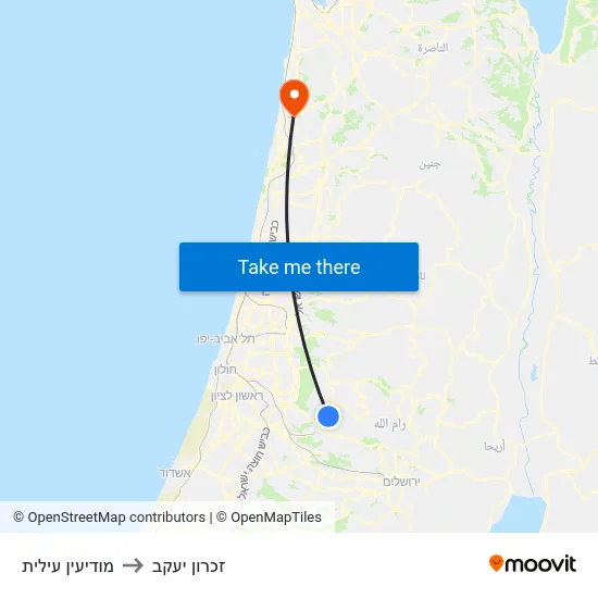מודיעין עילית to זכרון יעקב map