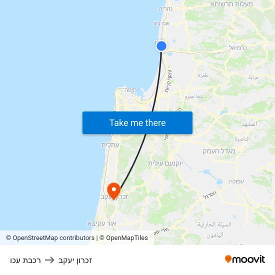 רכבת עכו to זכרון יעקב map