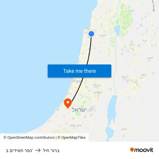 כפר חסידים ב' to ברור חיל map
