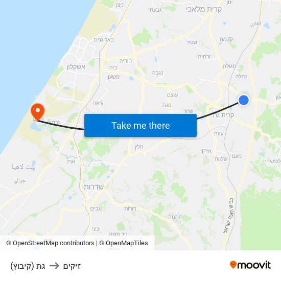 גת (קיבוץ) to זיקים map