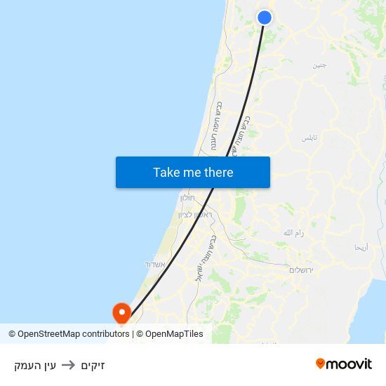 עין העמק to זיקים map