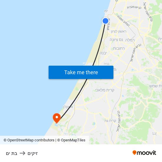 בת ים to זיקים map