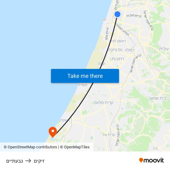 גבעתיים to זיקים map