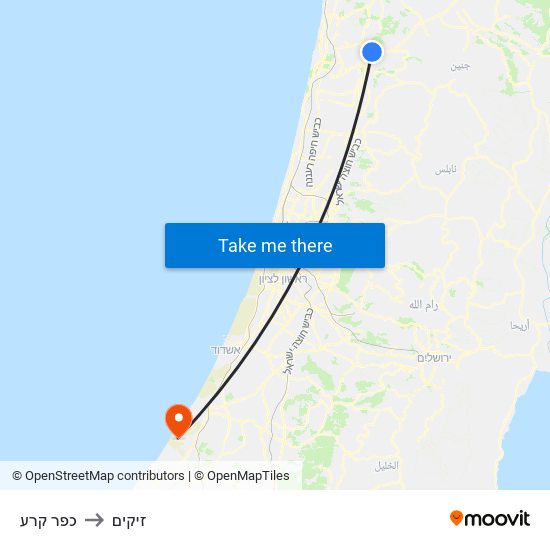 כפר קרע to זיקים map