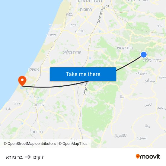 בר גיורא to זיקים map