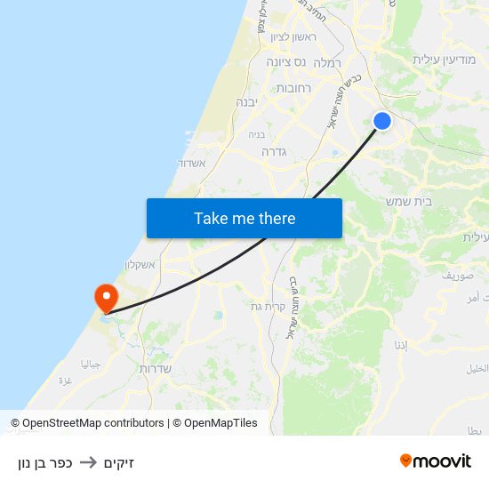 כפר בן נון to זיקים map