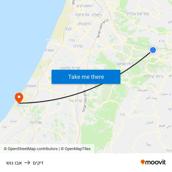 אבו גוש to זיקים map