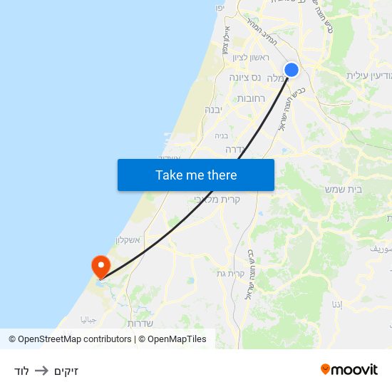 לוד to זיקים map