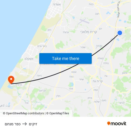 כפר מנחם to זיקים map