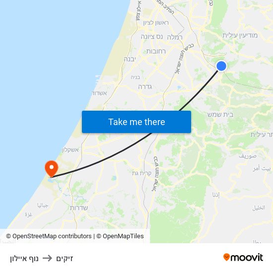 נוף איילון to זיקים map