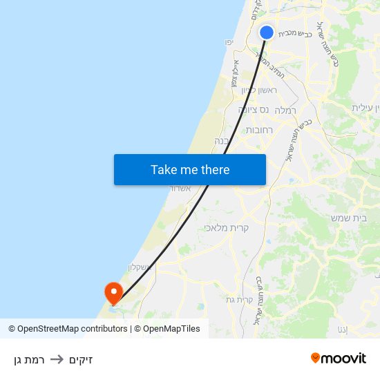 רמת גן to זיקים map