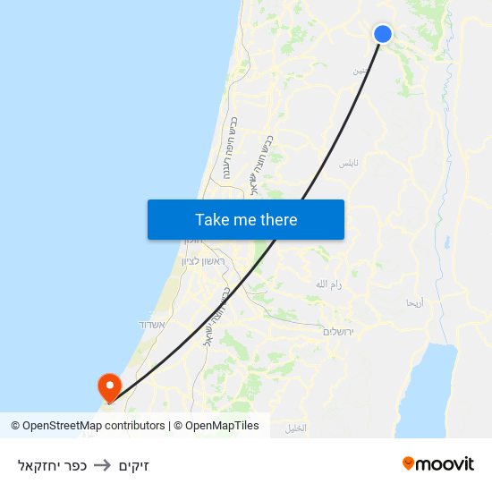 כפר יחזקאל to זיקים map