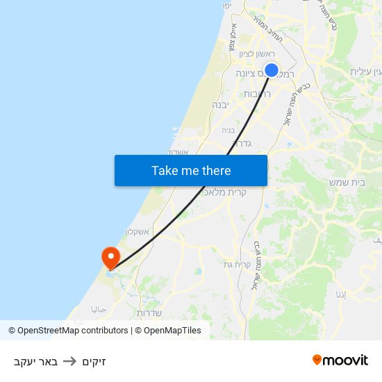 באר יעקב to זיקים map