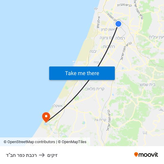 רכבת כפר חב"ד to זיקים map