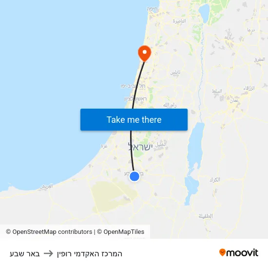 באר שבע to המרכז האקדמי רופין map