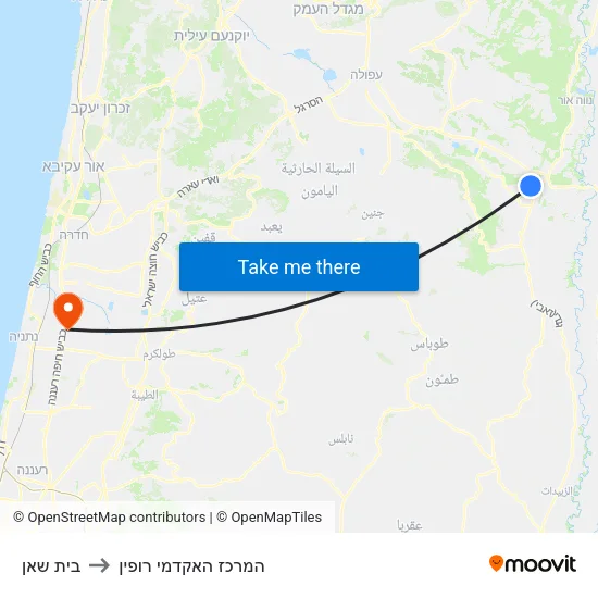 בית שאן to המרכז האקדמי רופין map