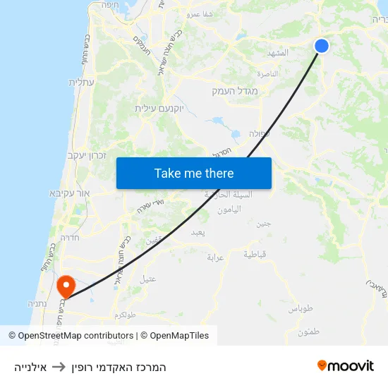 אילנייה to המרכז האקדמי רופין map