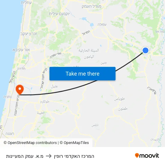 מ.א. עמק המעיינות to המרכז האקדמי רופין map
