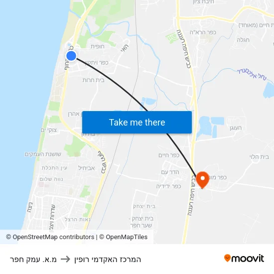 מ.א. עמק חפר to המרכז האקדמי רופין map
