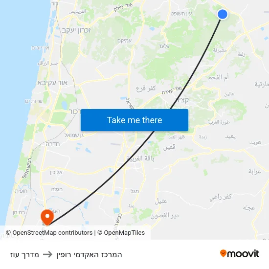 מדרך עוז to המרכז האקדמי רופין map