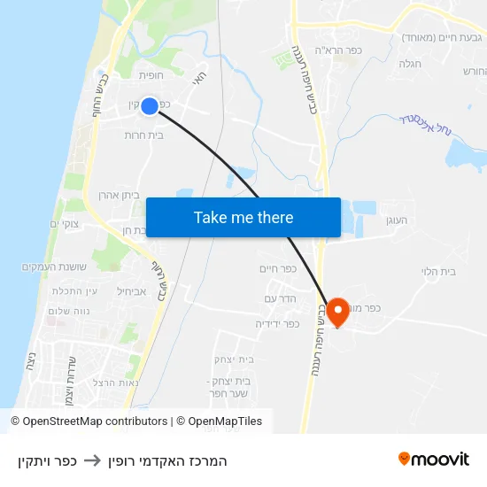 כפר ויתקין to המרכז האקדמי רופין map