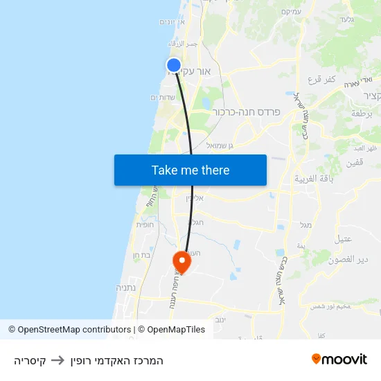 קיסריה to המרכז האקדמי רופין map