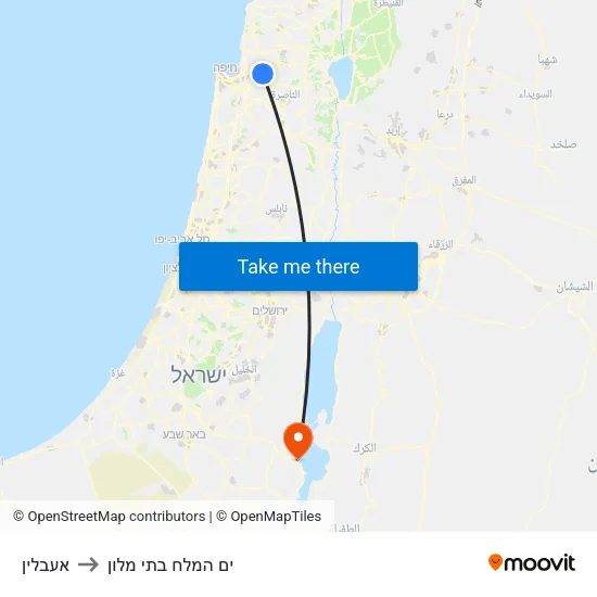אעבלין to ים המלח בתי מלון map