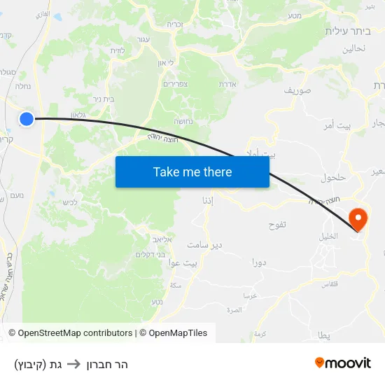 גת (קיבוץ) to הר חברון map