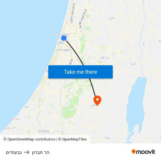 גבעתיים to הר חברון map