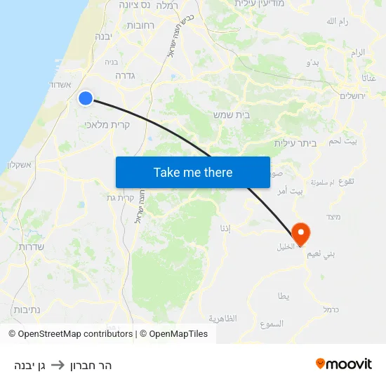 גן יבנה to הר חברון map