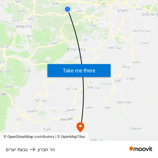 גבעת יערים to הר חברון map