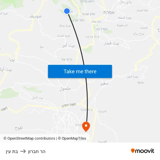 בת עין to הר חברון map