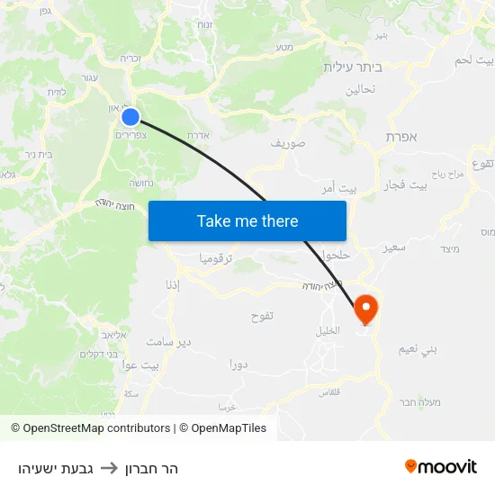 גבעת ישעיהו to הר חברון map