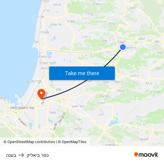 בענה to כפר ביאליק map