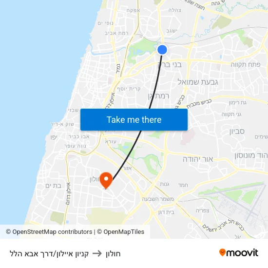 קניון איילון/דרך אבא הלל to חולון map