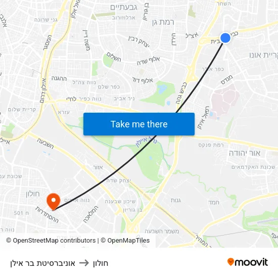 אוניברסיטת בר אילן to חולון map