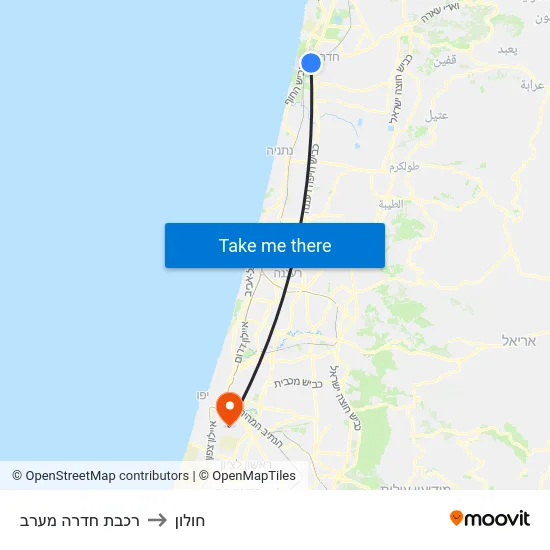 רכבת חדרה מערב to חולון map