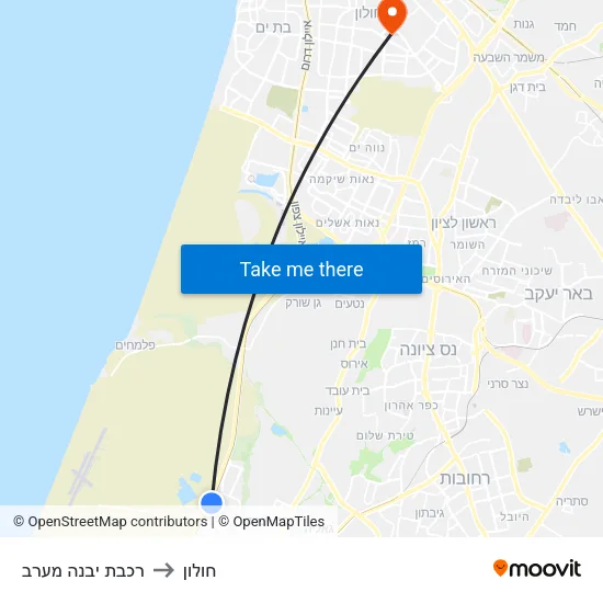 רכבת יבנה מערב to חולון map