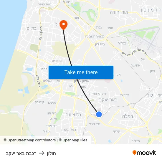 רכבת באר יעקב to חולון map