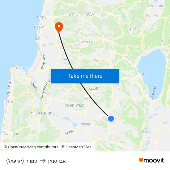 טמרה (יזרעאל) to אבו סנאן map