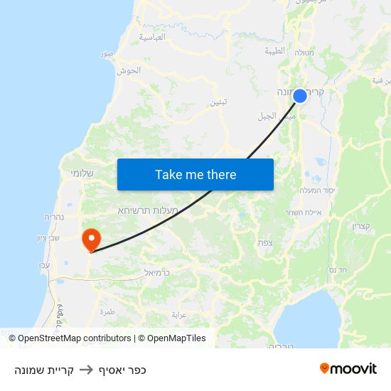 קריית שמונה to כפר יאסיף map