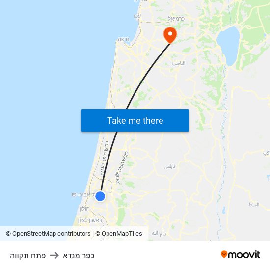 פתח תקווה to כפר מנדא map