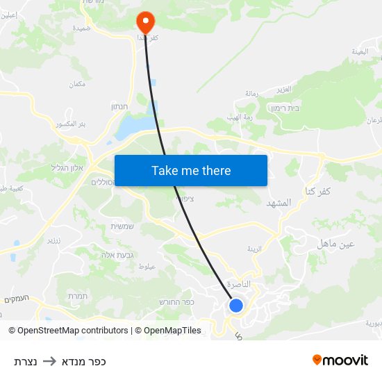 נצרת to כפר מנדא map