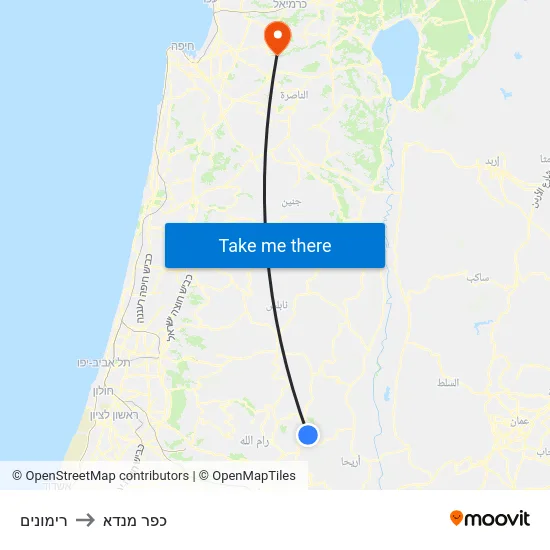 רימונים to כפר מנדא map