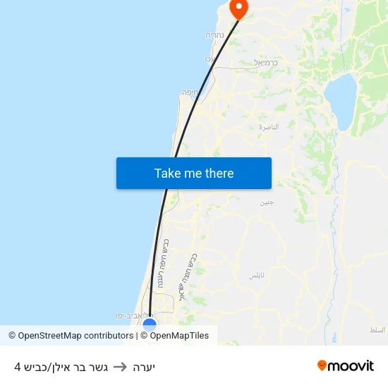 גשר בר אילן/כביש 4 to יערה map