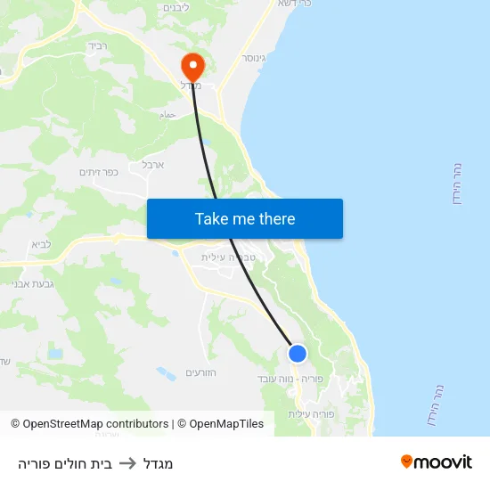 בית חולים פוריה to מגדל map