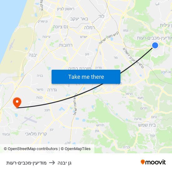 מודיעין-מכבים-רעות to גן יבנה map