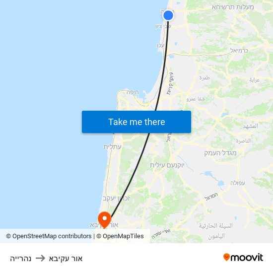 נהרייה to אור עקיבא map