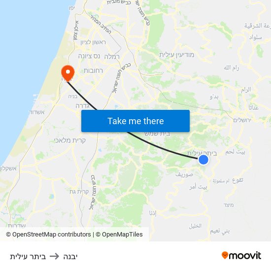 ביתר עילית to יבנה map