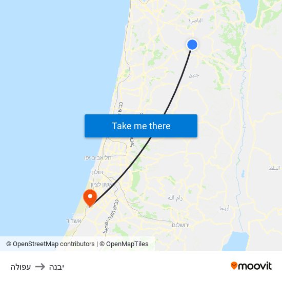 עפולה to יבנה map